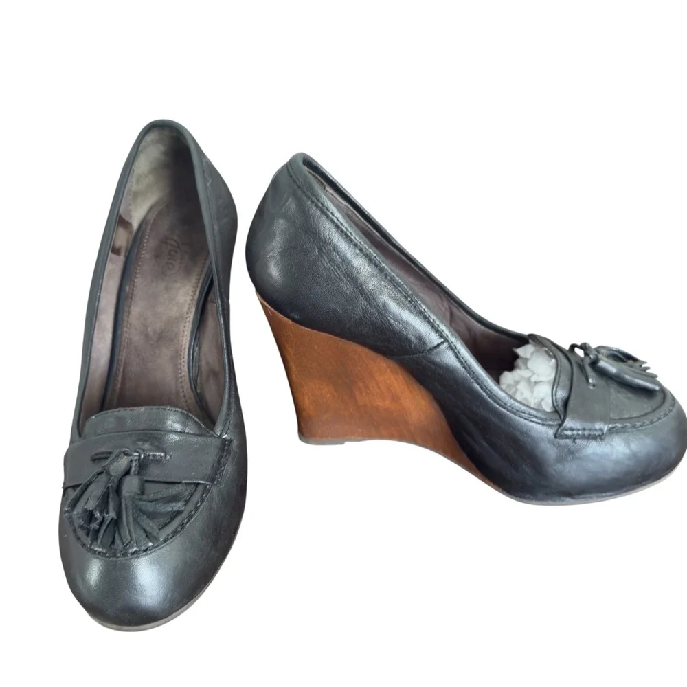 Joie Black Leather Tassel Loafer Wood Wedge Heels Size 8 (38.5)  Made In Italy